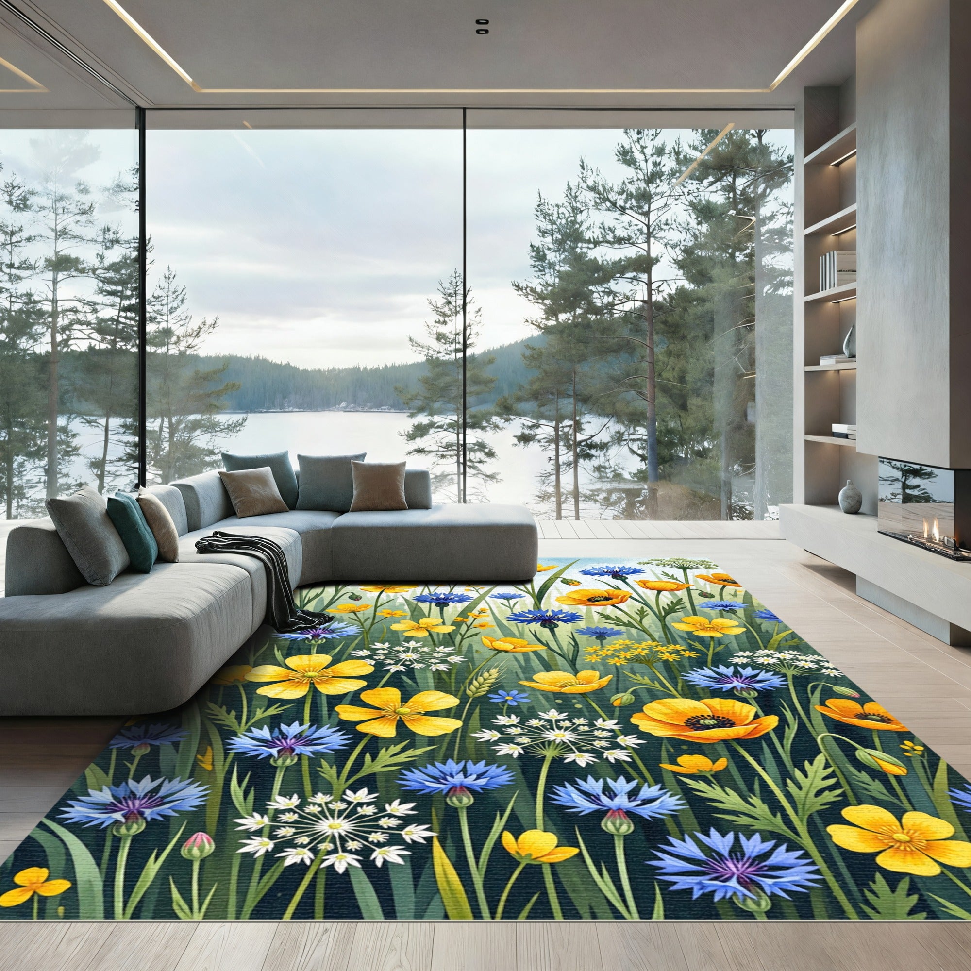 Golden Yellow Blue Cornflower Meadow Rug