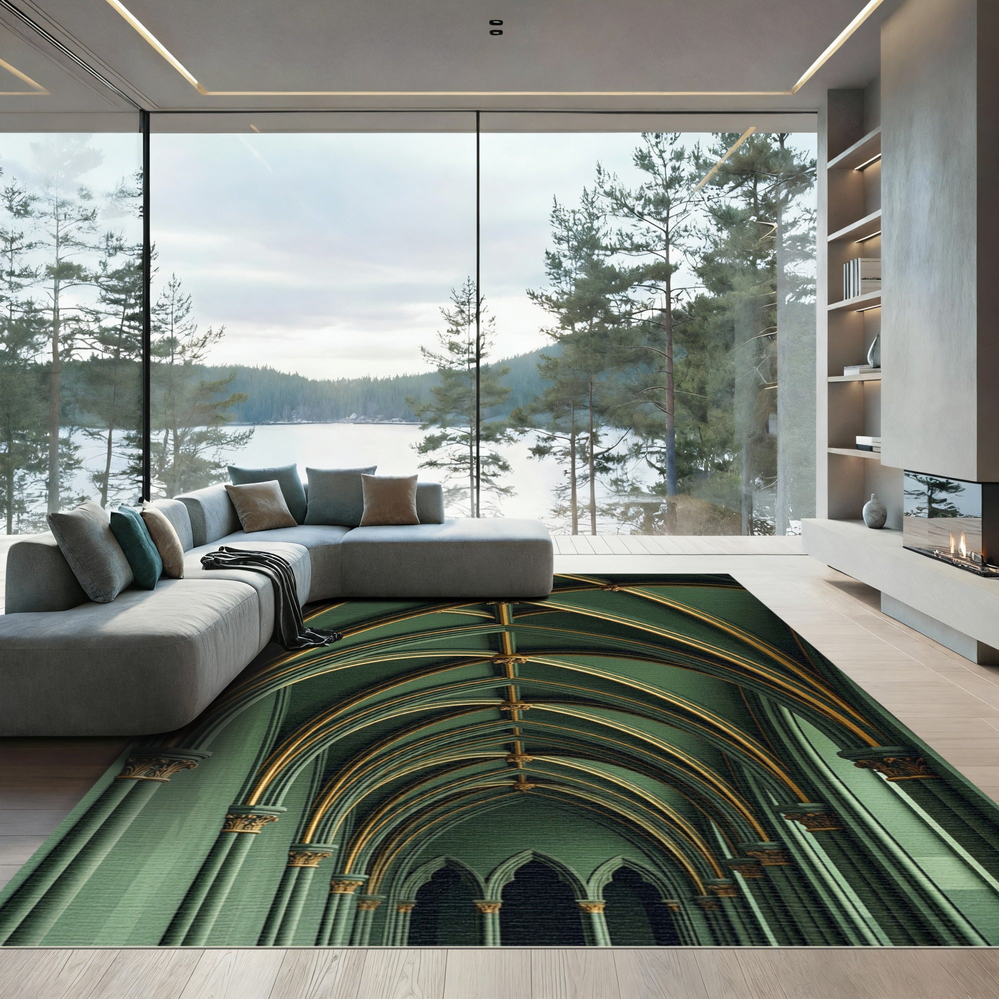 Emerald Gothic Vaulted Arch Geometry Rug