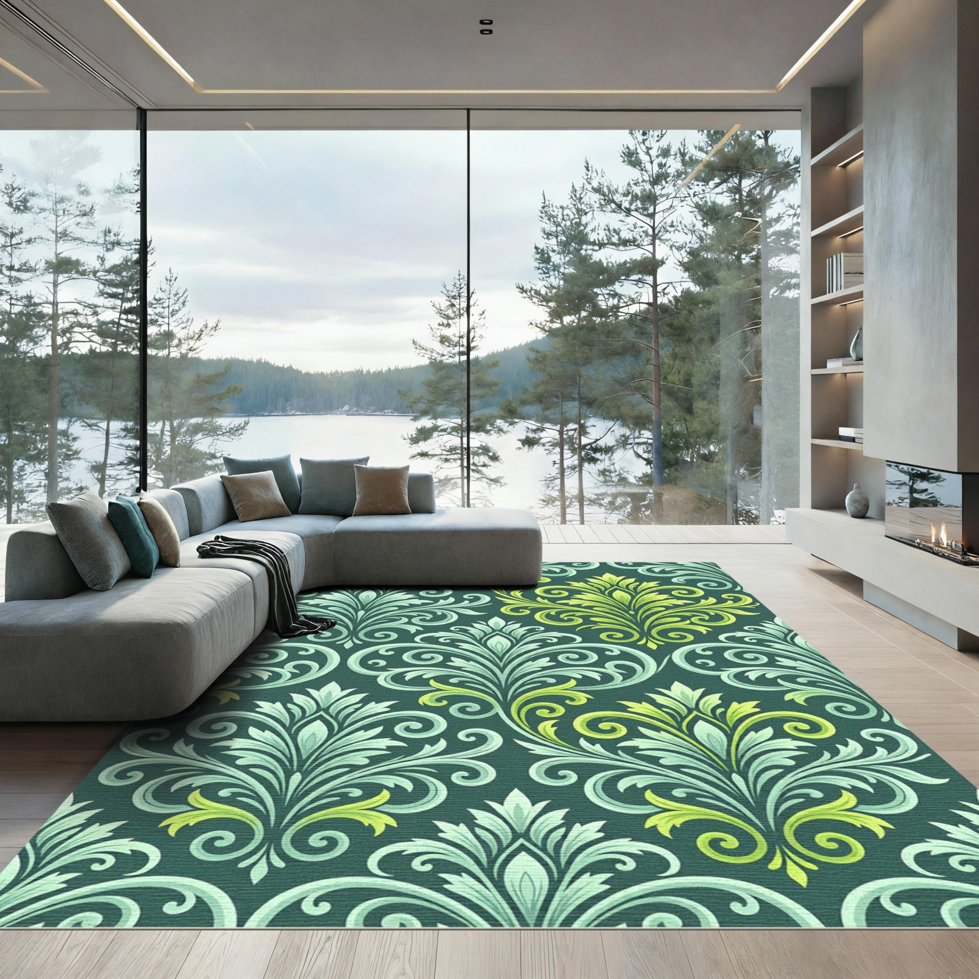 Teal Green Yellow Floral Scroll Rug