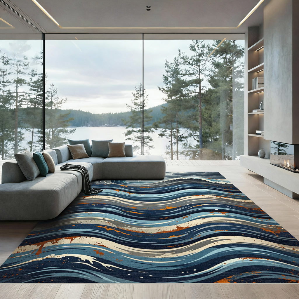 Stormy Blue Abstract Ocean Swell Rug