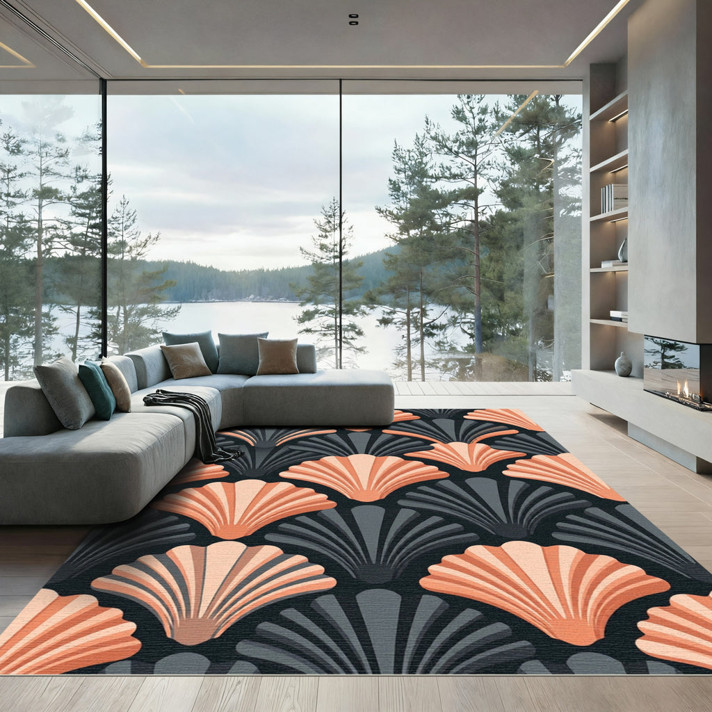 Coral Gray Shell Fan Deco Rug