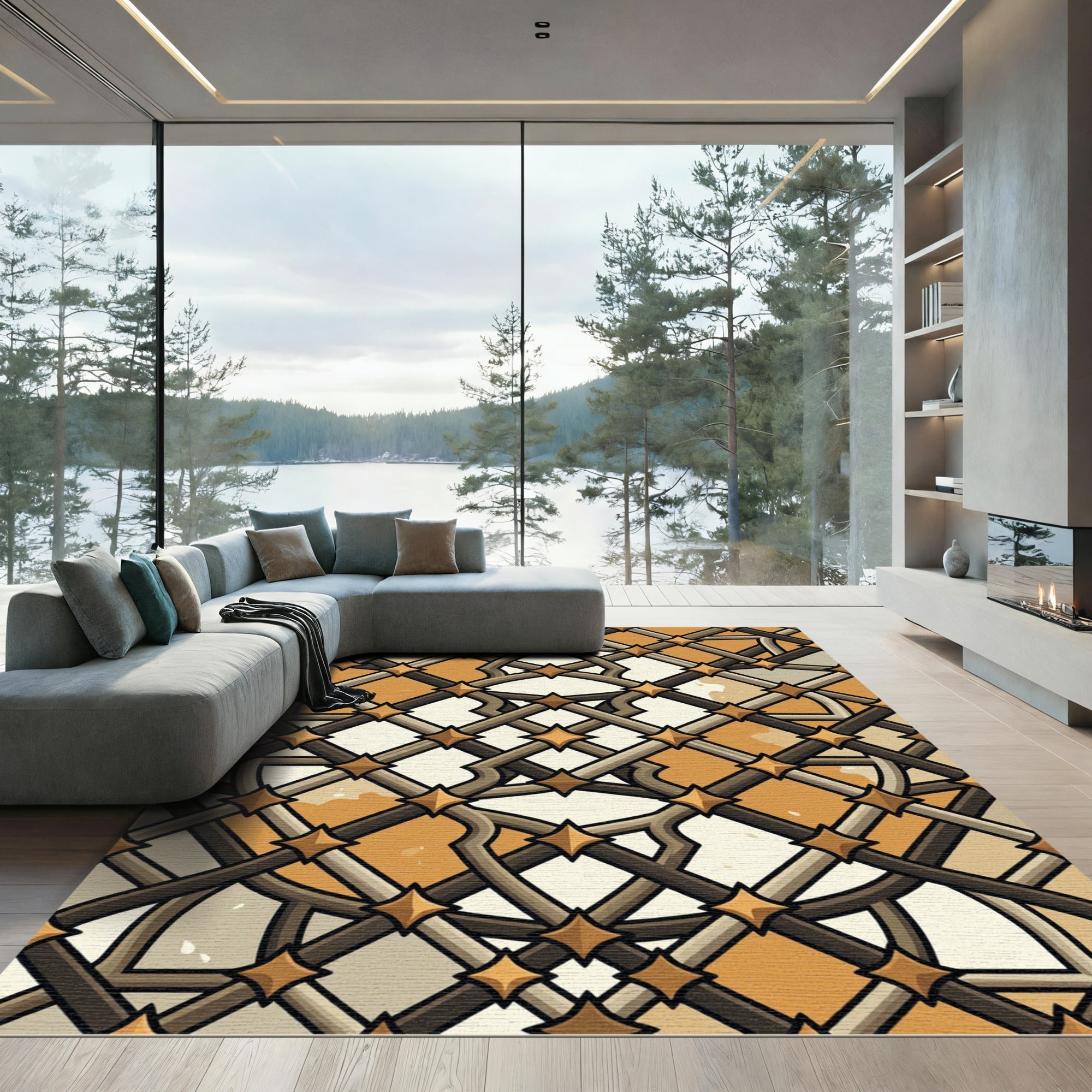 Metallic Bronze Lattice Geometric Overlay Rug