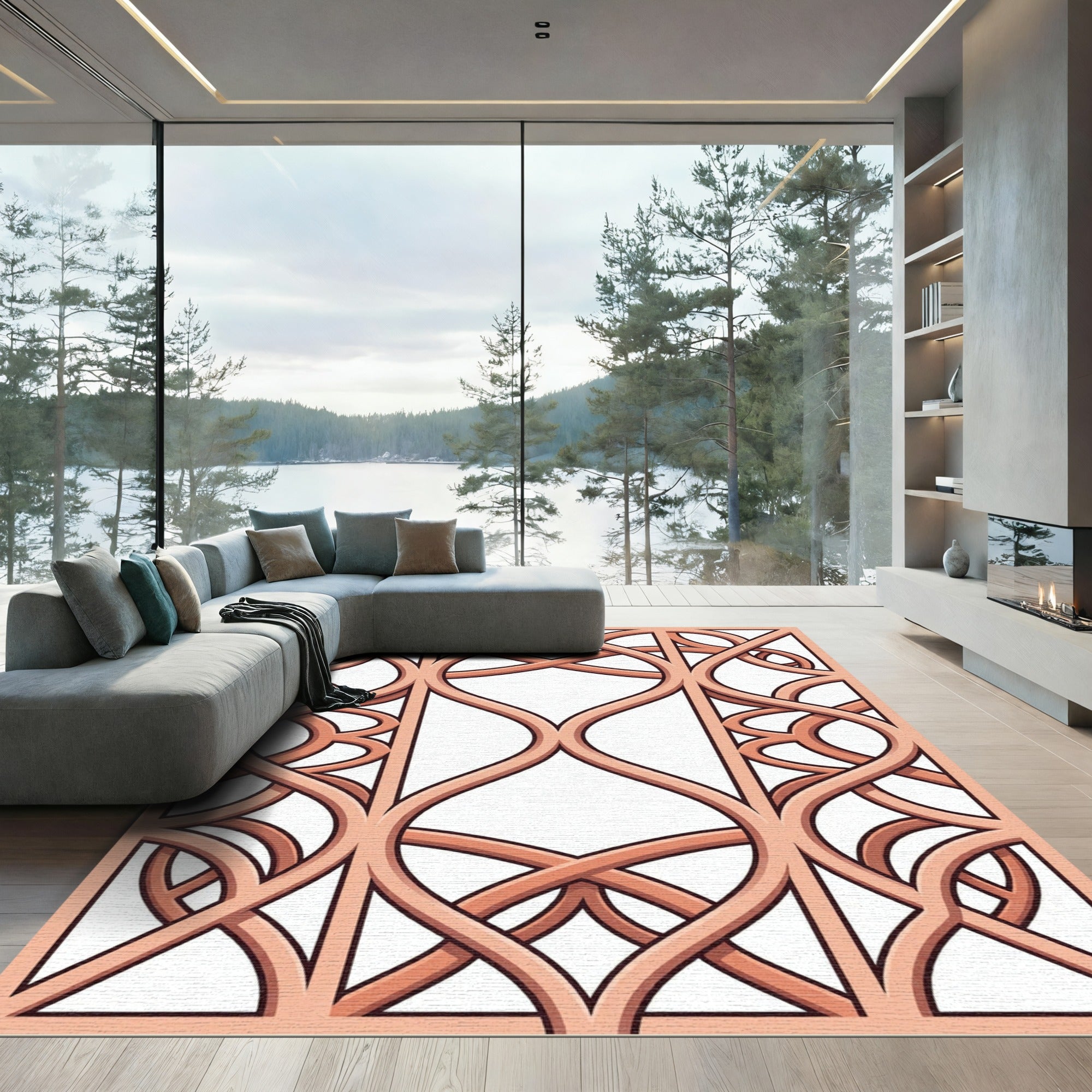 Elegant Blush Interlocking Curved Lattice Rug