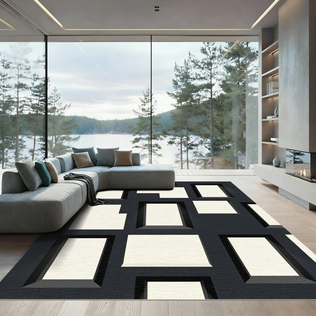 Modern Geometric Monochrome Block Grid Rug