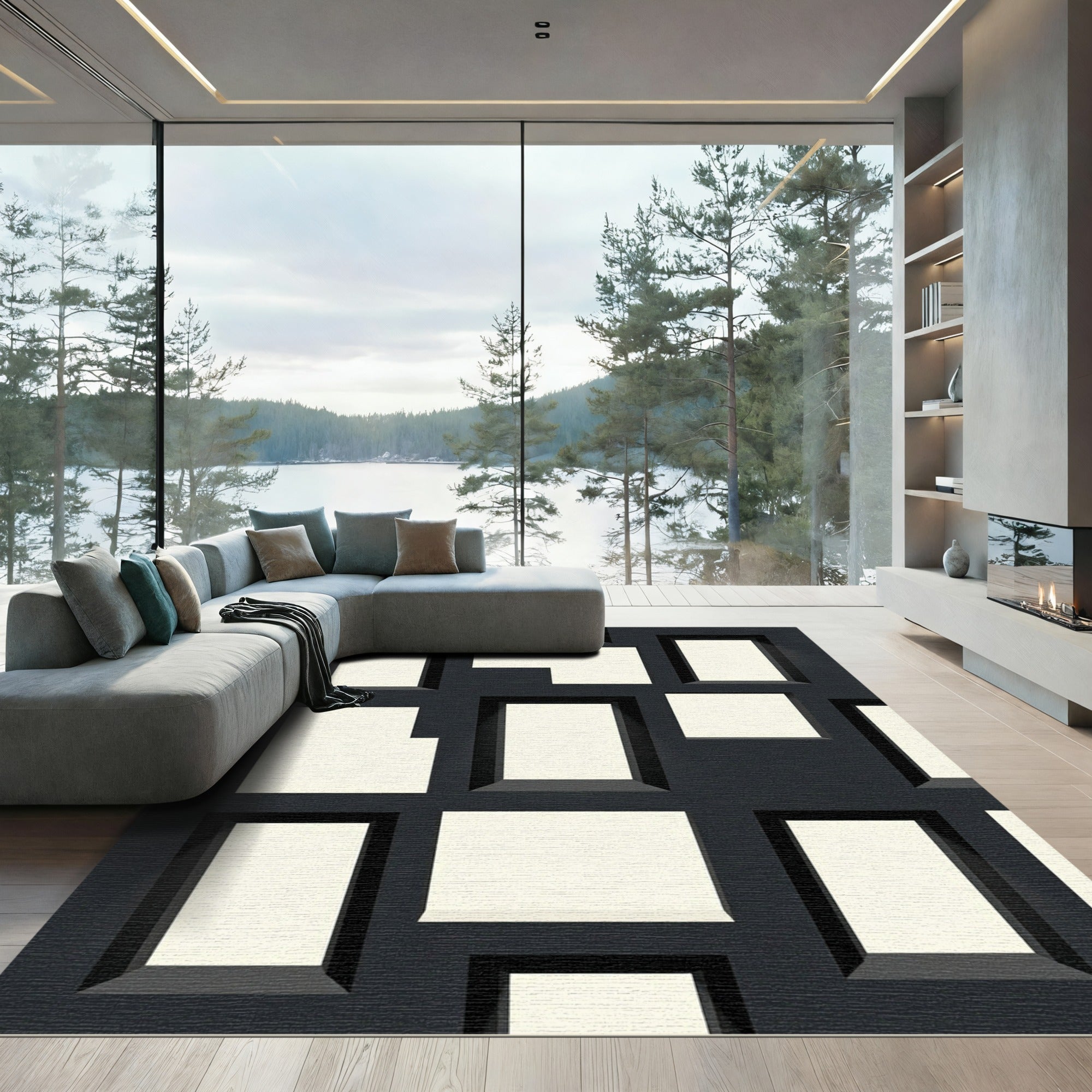 Modern Geometric Monochrome Block Grid Rug