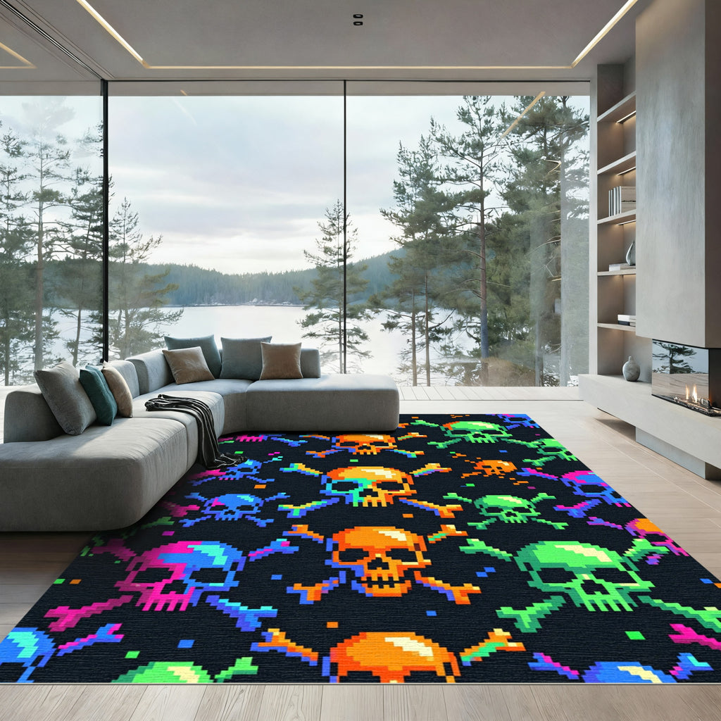 Retro Pixel Skull Crossbones Neon Art Rug