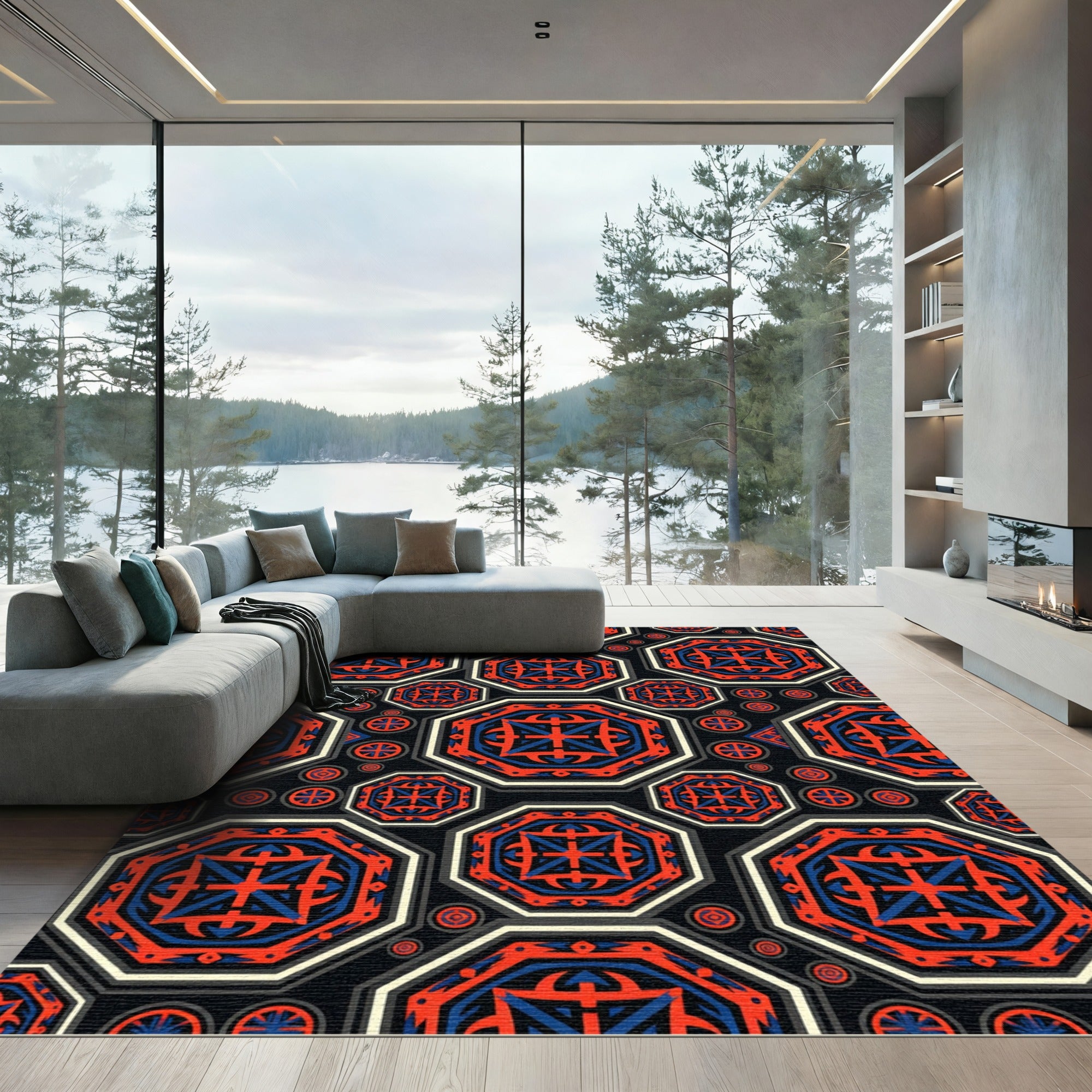 Bold Crimson Blue Geometric Octagon Rug