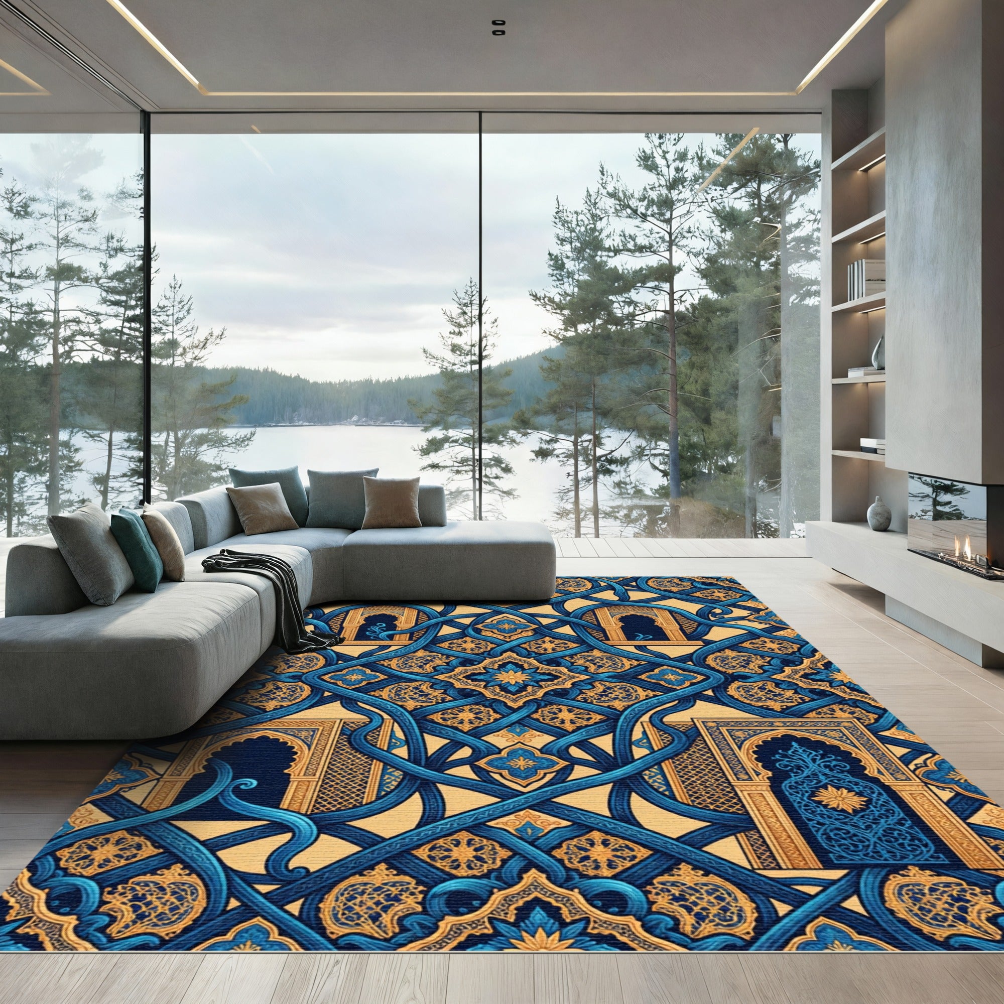 Ornate Blue and Gold Arabesque Arches Rug