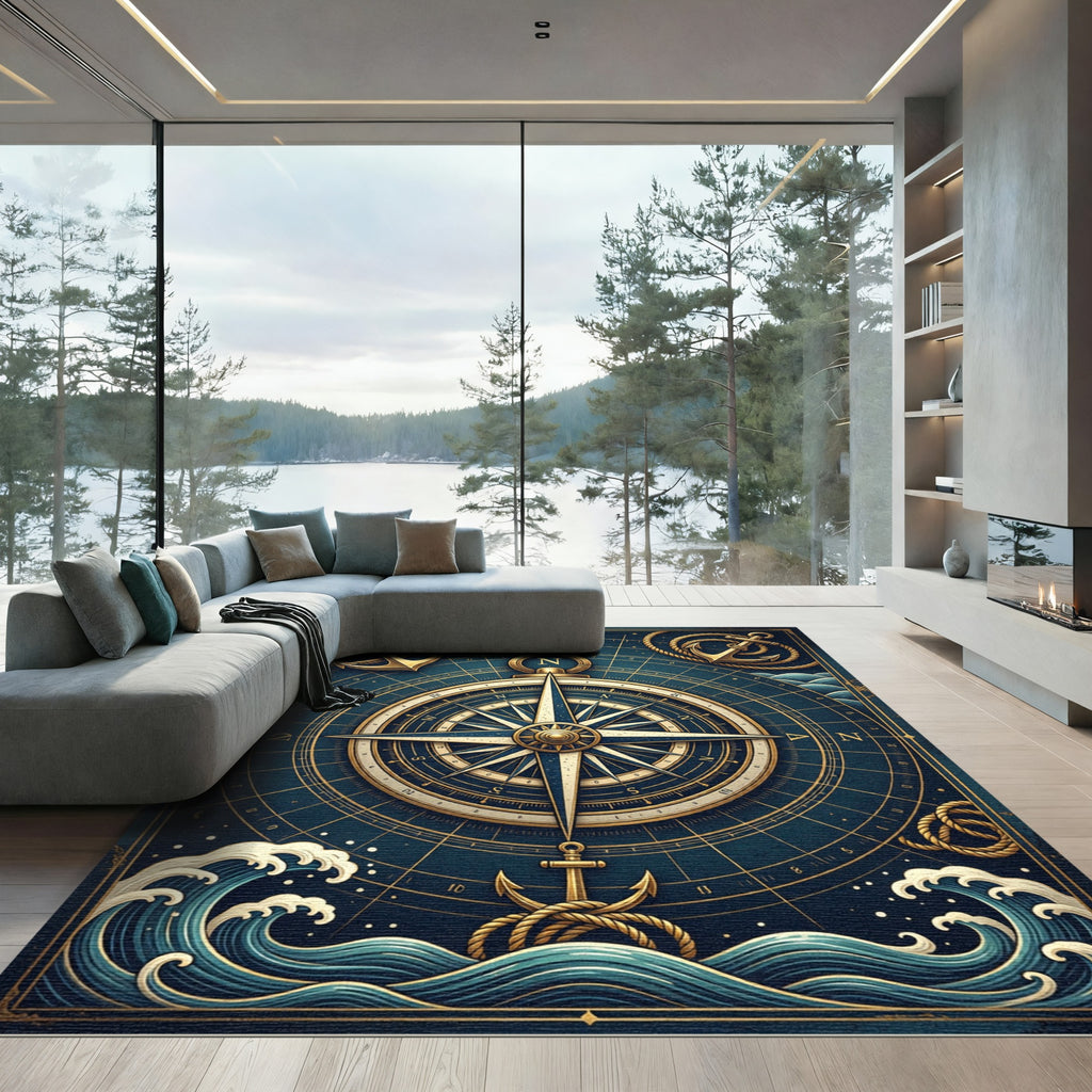 Vintage Golden Nautical Anchor Compass Rug