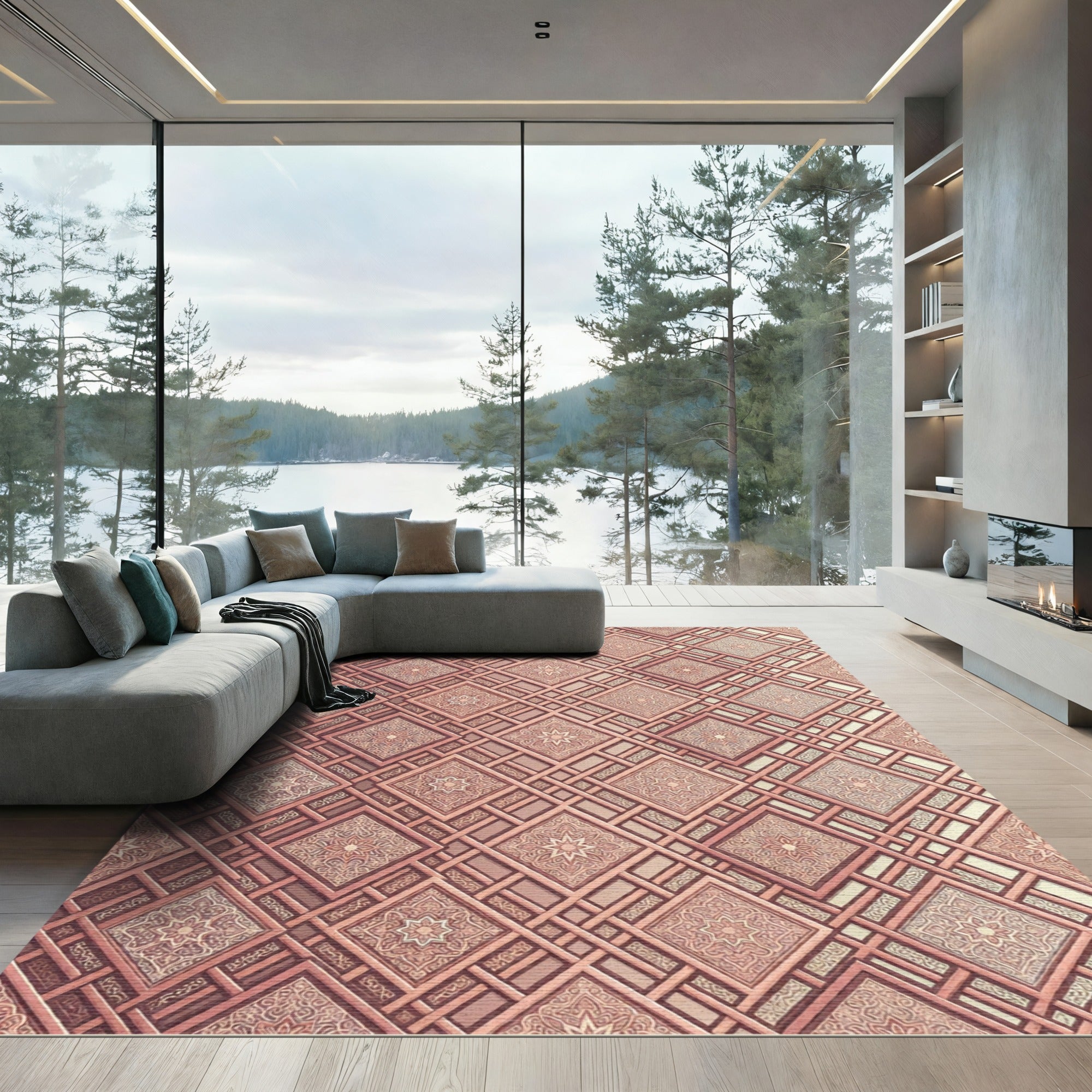 Elegant Dusty Rose Geometric Lattice Rug