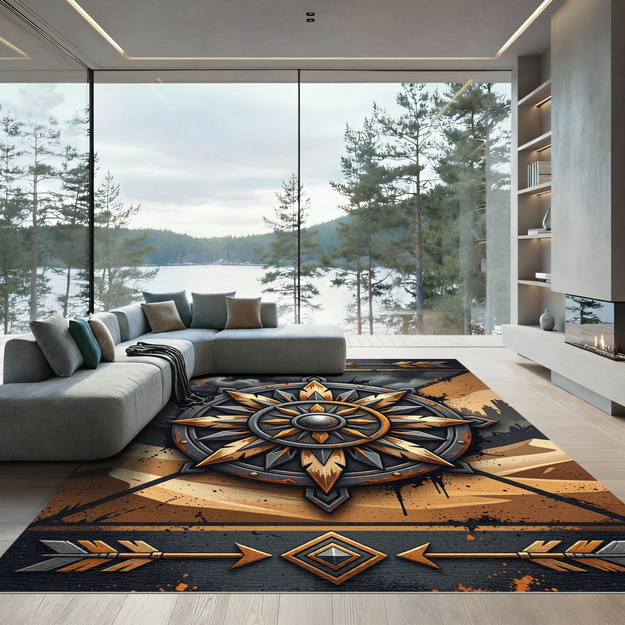 Metallic Compass Emblem Desert Dune Rug