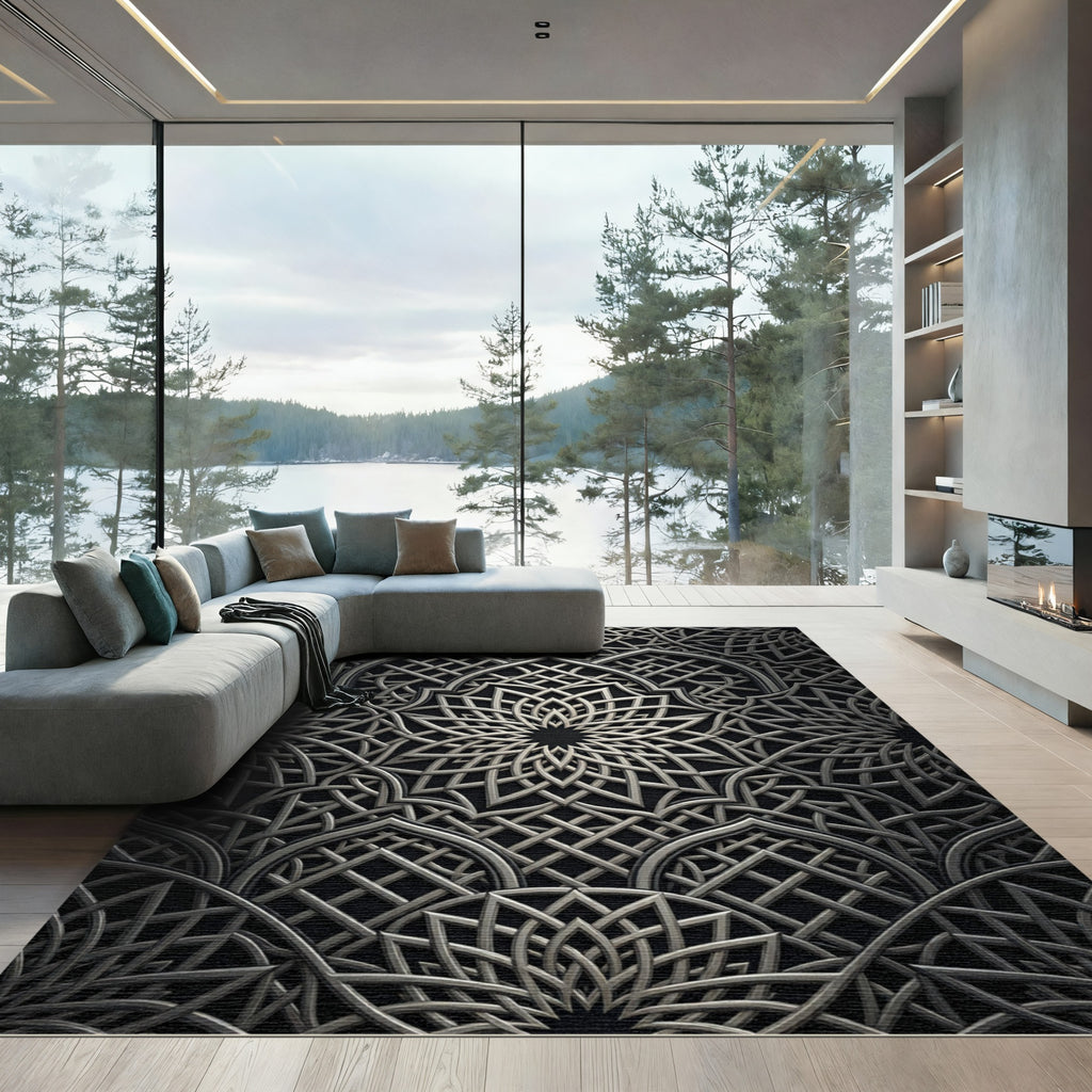 Silver Metallic Interlocked Geometric Mandala Rug