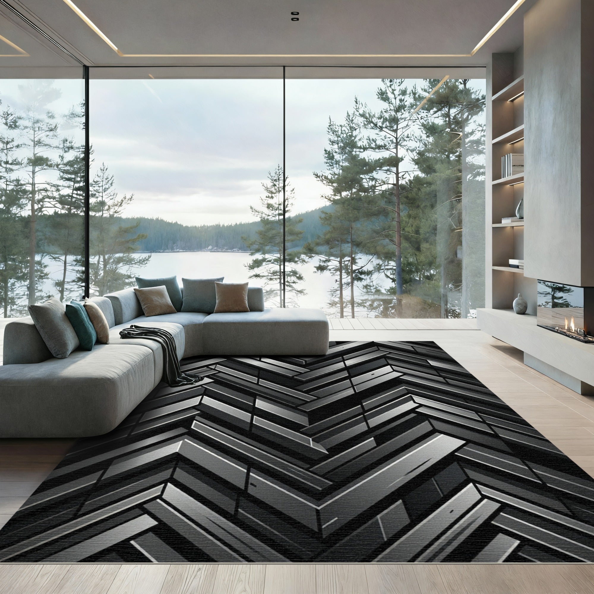 Metallic Charcoal Herringbone Geometric Rug