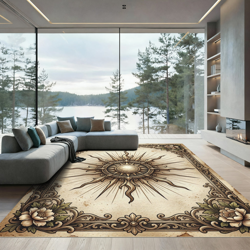 Vintage Golden Celestial Floral Medallion Rug