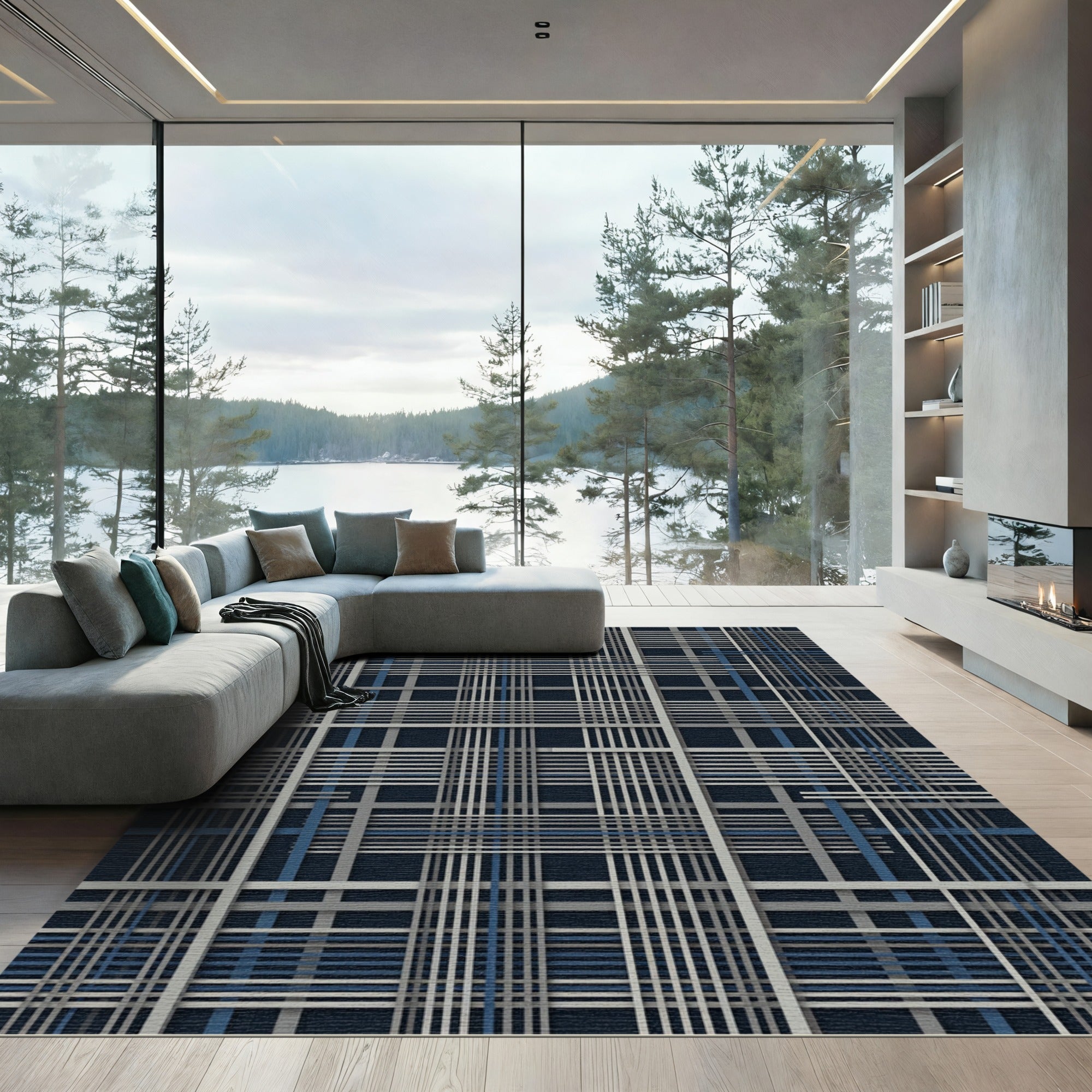 Modern Navy and Gray Linear Plaid Rug