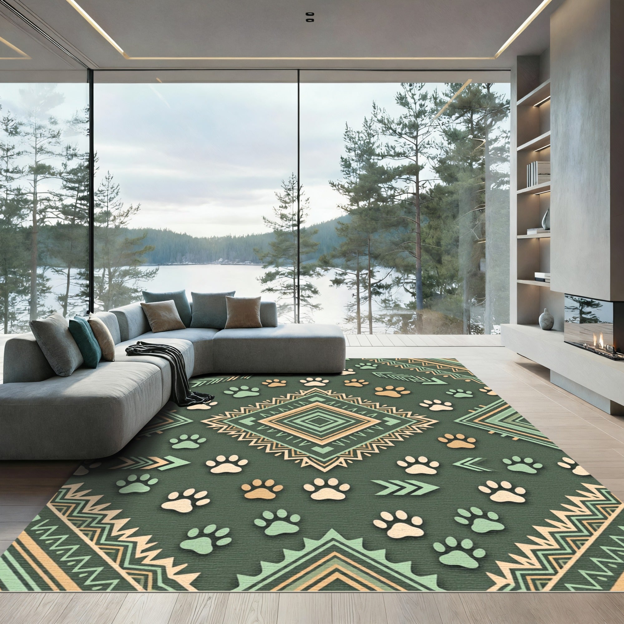 Sage Green Geometric Boho Paw Rug