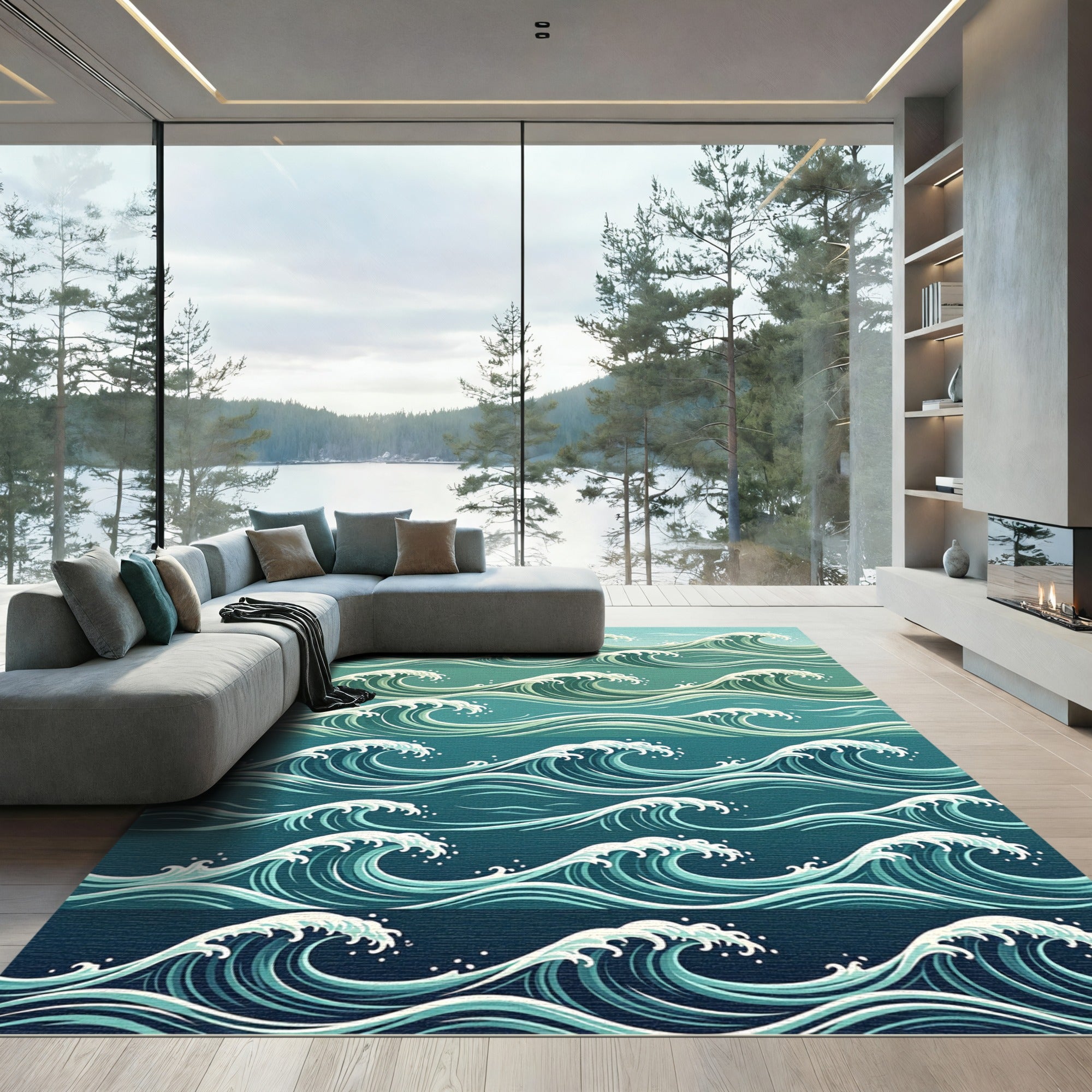 Ocean Teal Minimalist Wave Gradient Rug