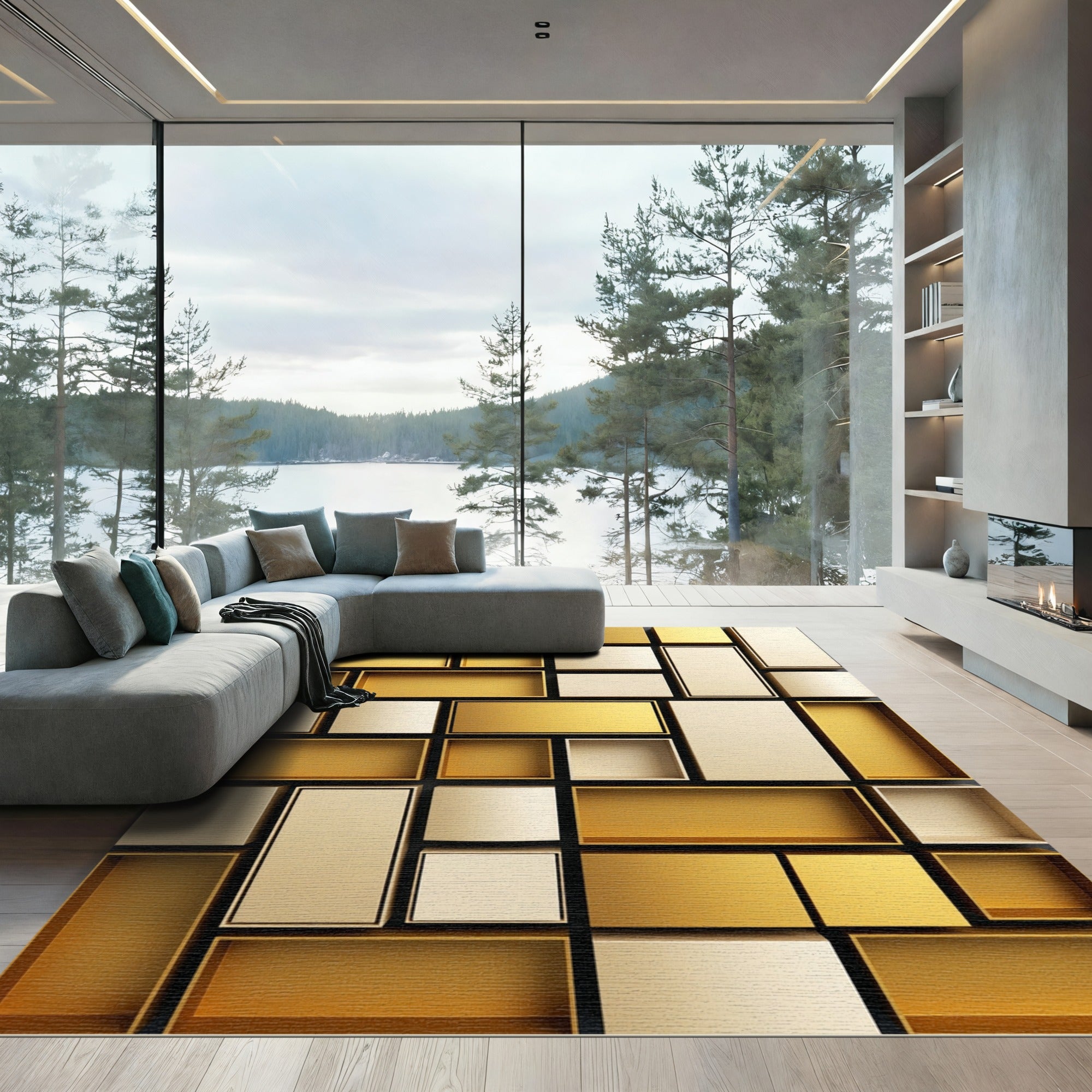 Geometric Gold and Cream Block Composition Rug