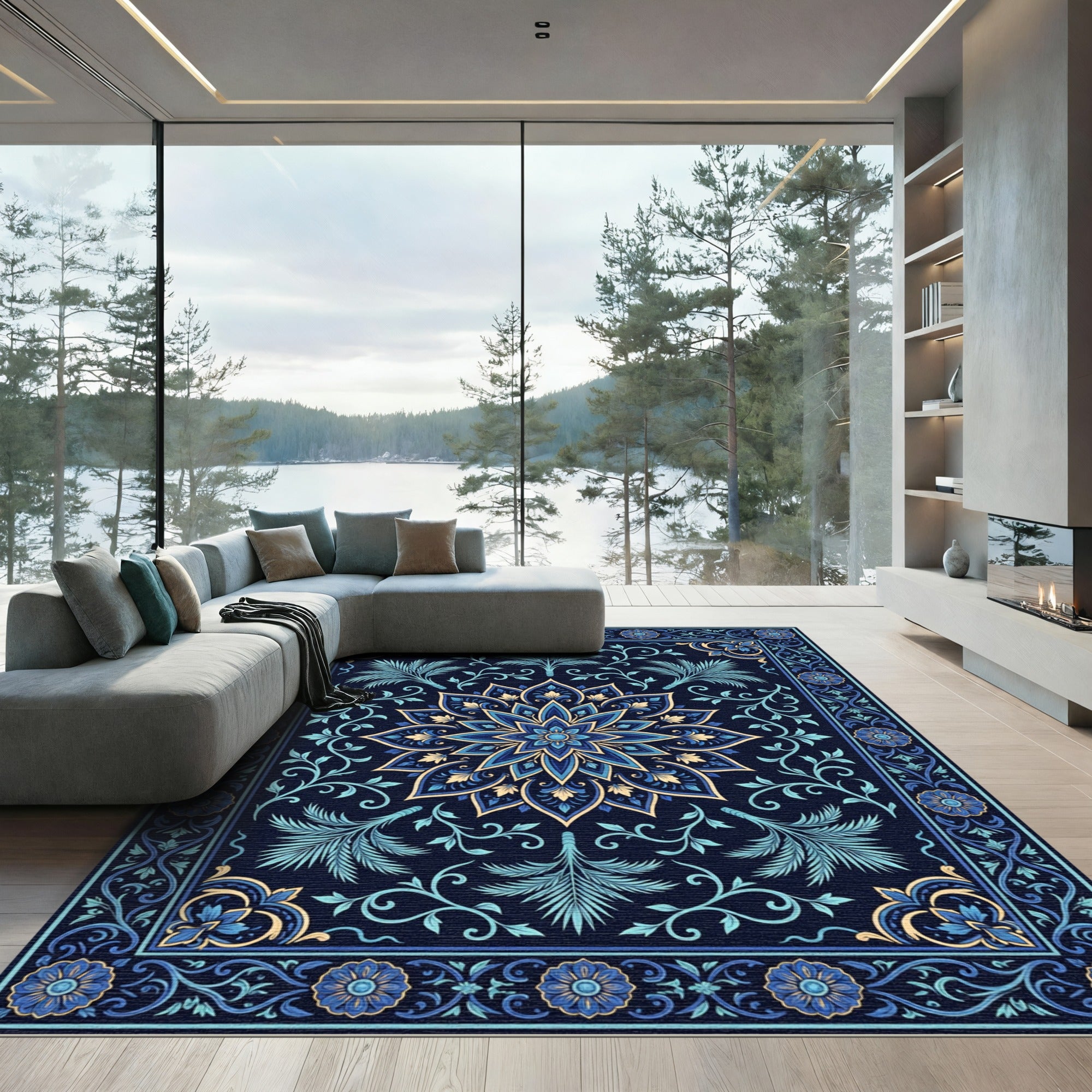 Deep Navy Floral Medallion Garden Rug
