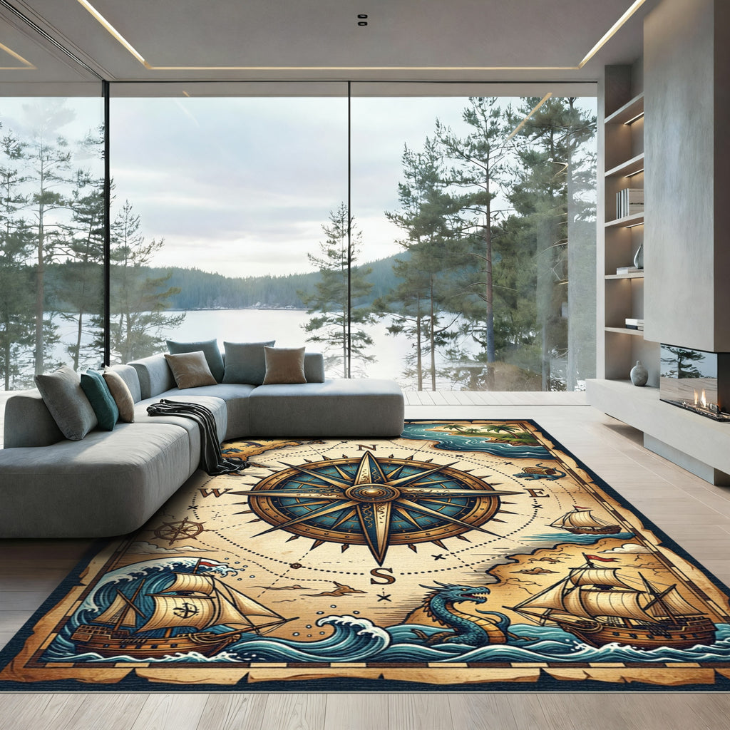 Vintage Nautical Dragon Compass Map Rug