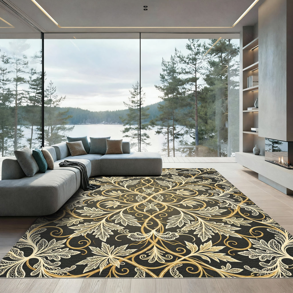 Ornate Golden Filigree Foliage Scroll Rug