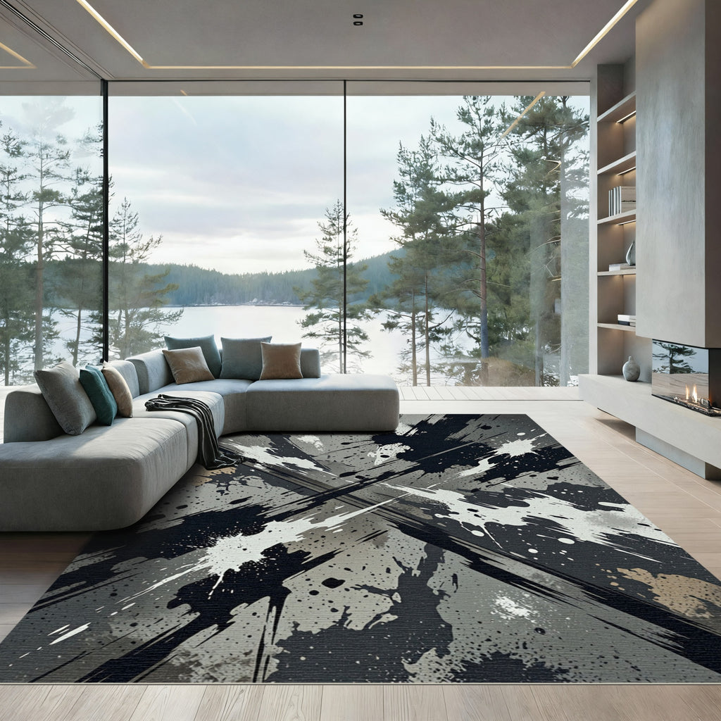 Monochrome Charcoal Ink Splash Abstract Rug