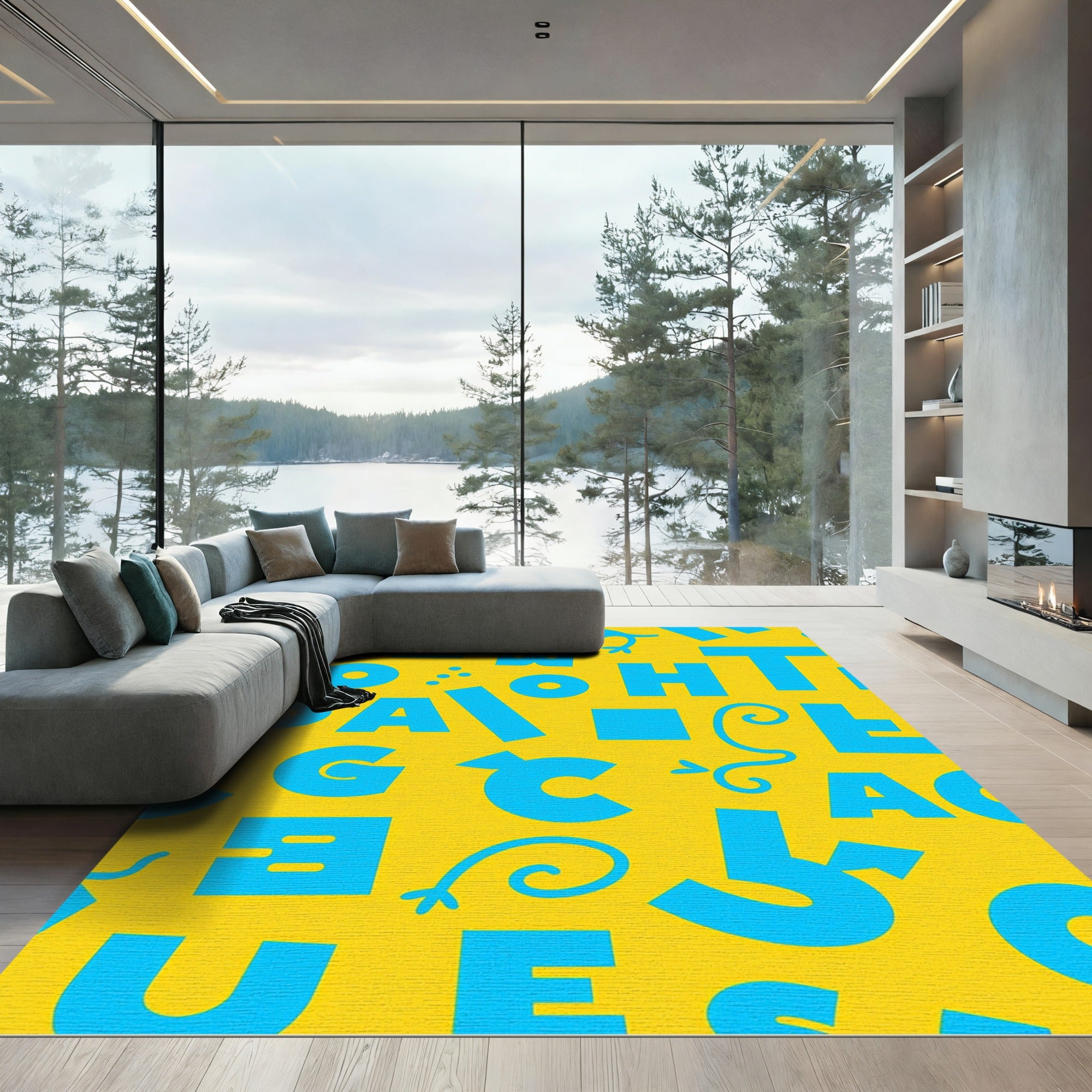 Bright Yellow Blue Alphabet Collage Rug