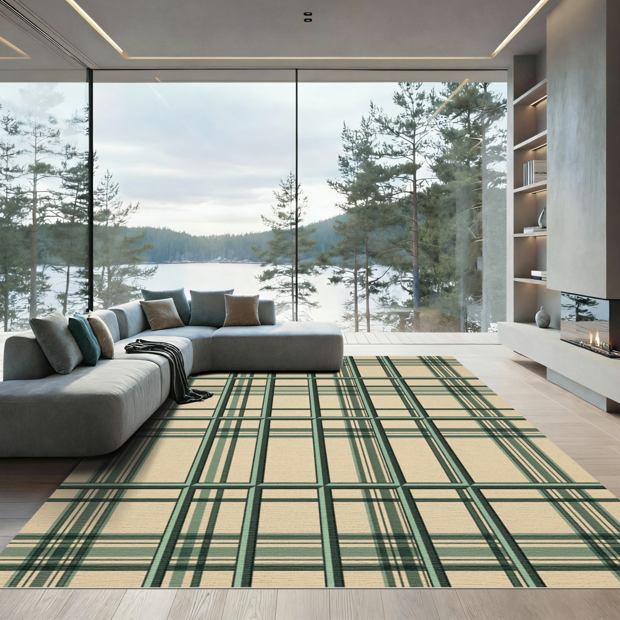 Classic Green and Beige Plaid Rug