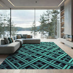 Modern Teal Geometric Interwoven Grid Rug