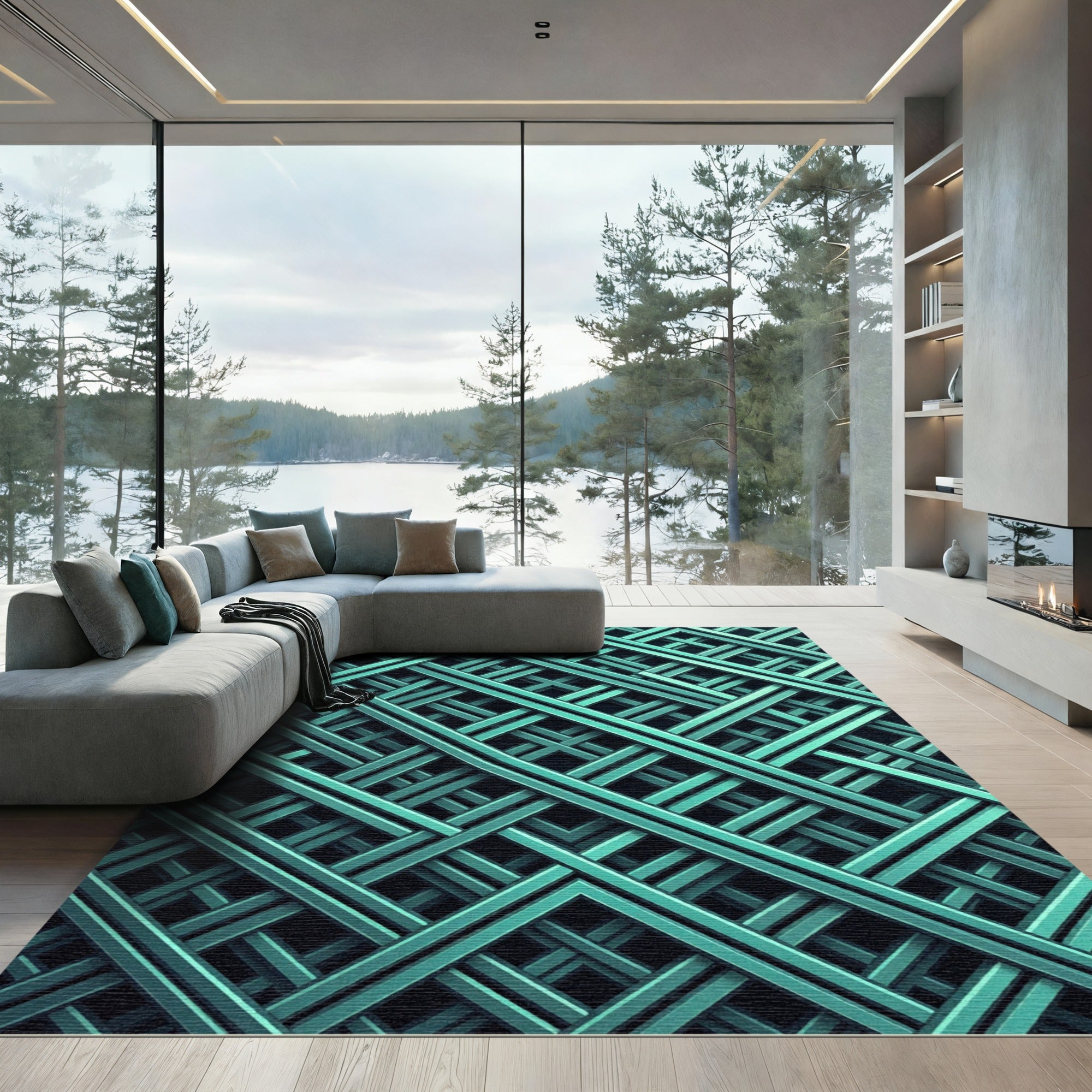 Modern Teal Geometric Interwoven Grid Rug