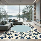 Navy Paw Print Cream Circular Center Rug
