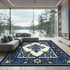 Ornate Navy Blue Golden Floral Frame Rug