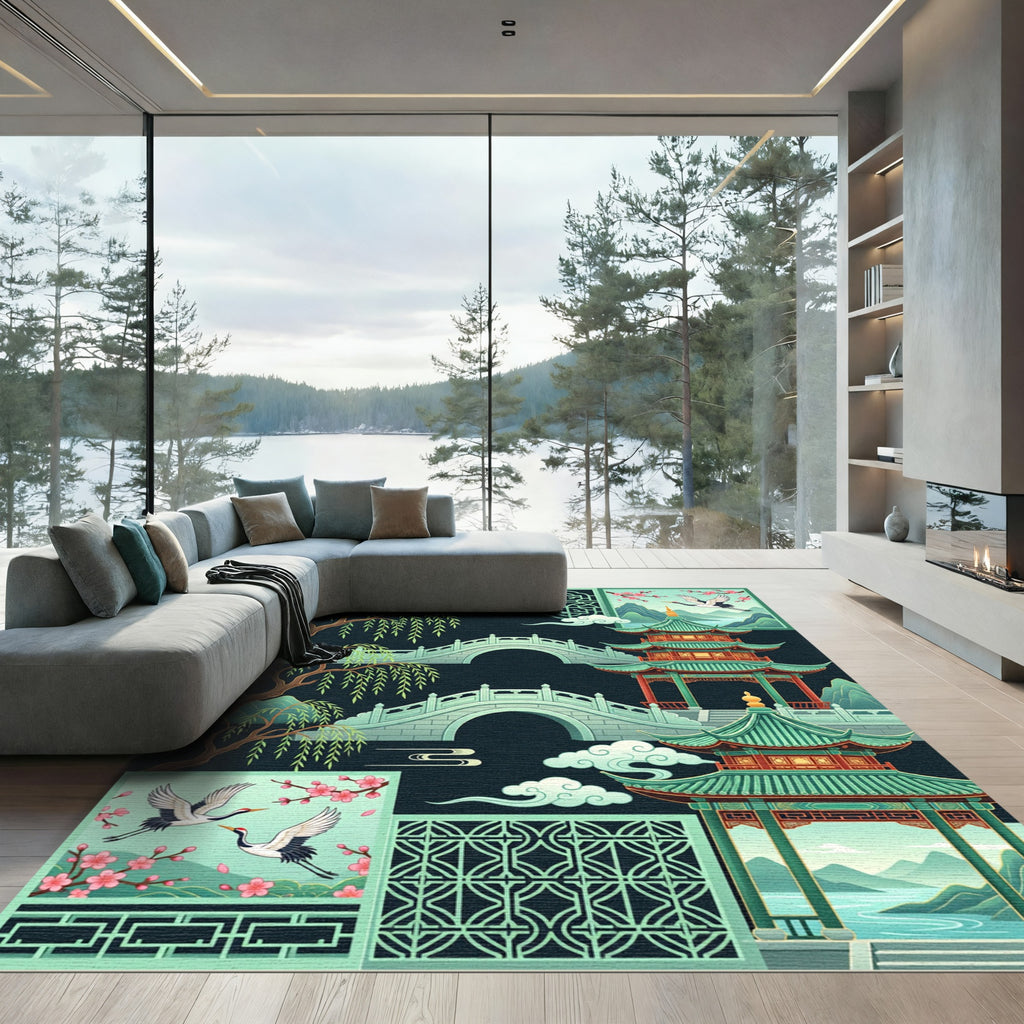 Jade Pagoda Crane Willow Scene Rug