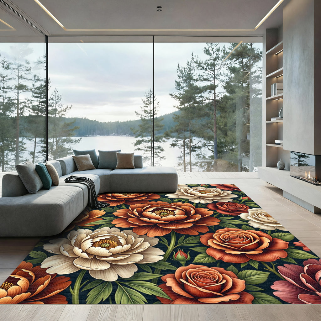 Earthy Botanical Peony and Rose Bouquet Rug