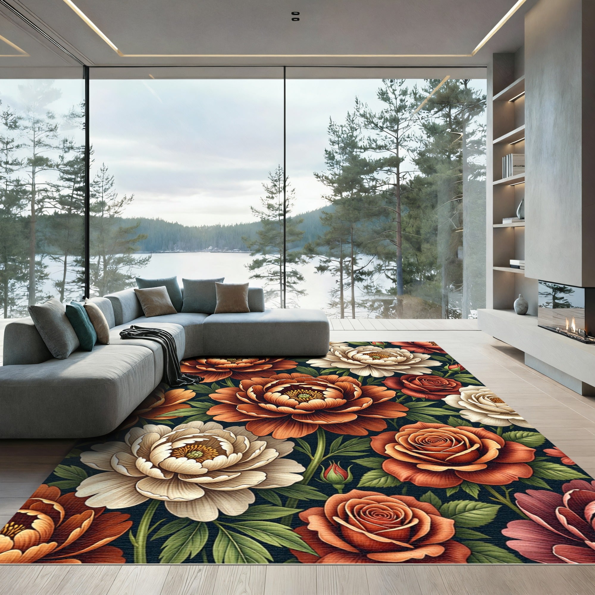 Earthy Botanical Peony and Rose Bouquet Rug