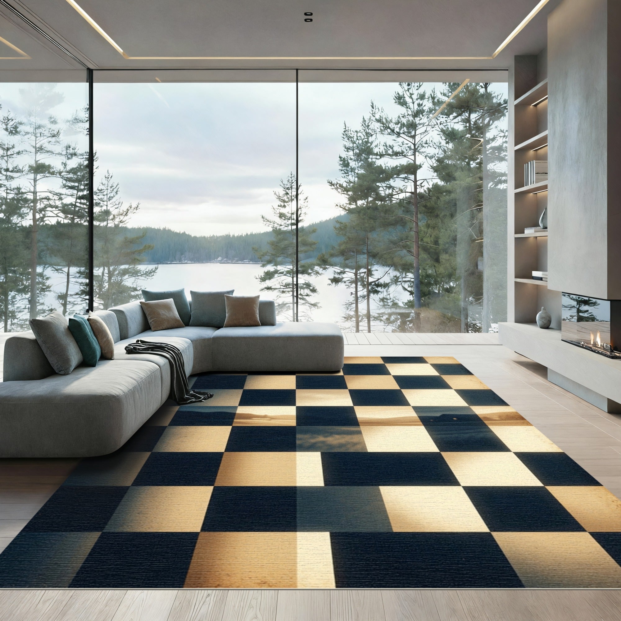 Earthy Sepia Landscape Checkerboard Grid Rug