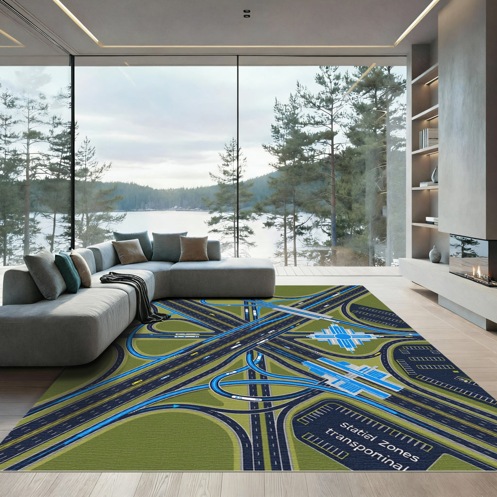 Modern Blue Highway Intersection Map Rug