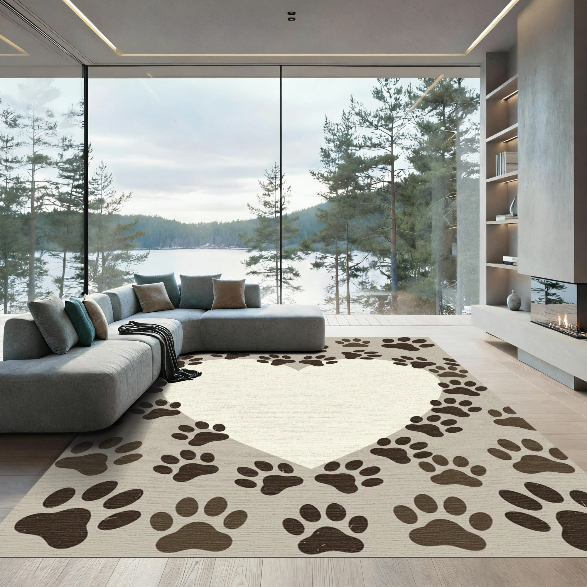 Heart Shaped Paw Print Neutral Rug