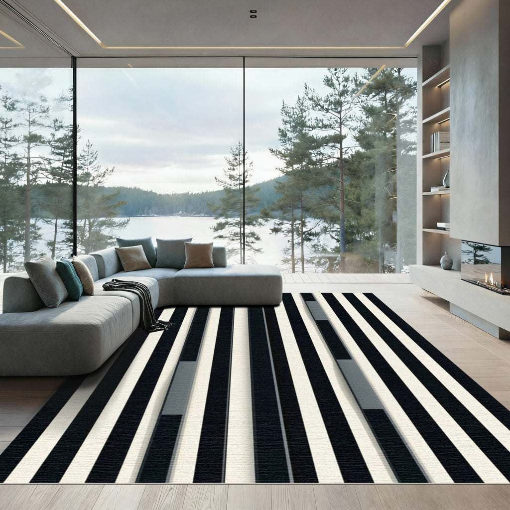 Modern Black White Gray Stripe Rug