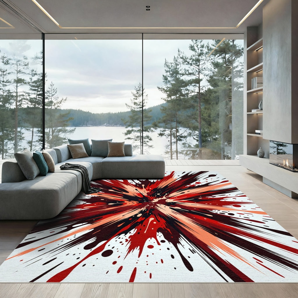Bold Crimson Abstract Ink Splash Rug