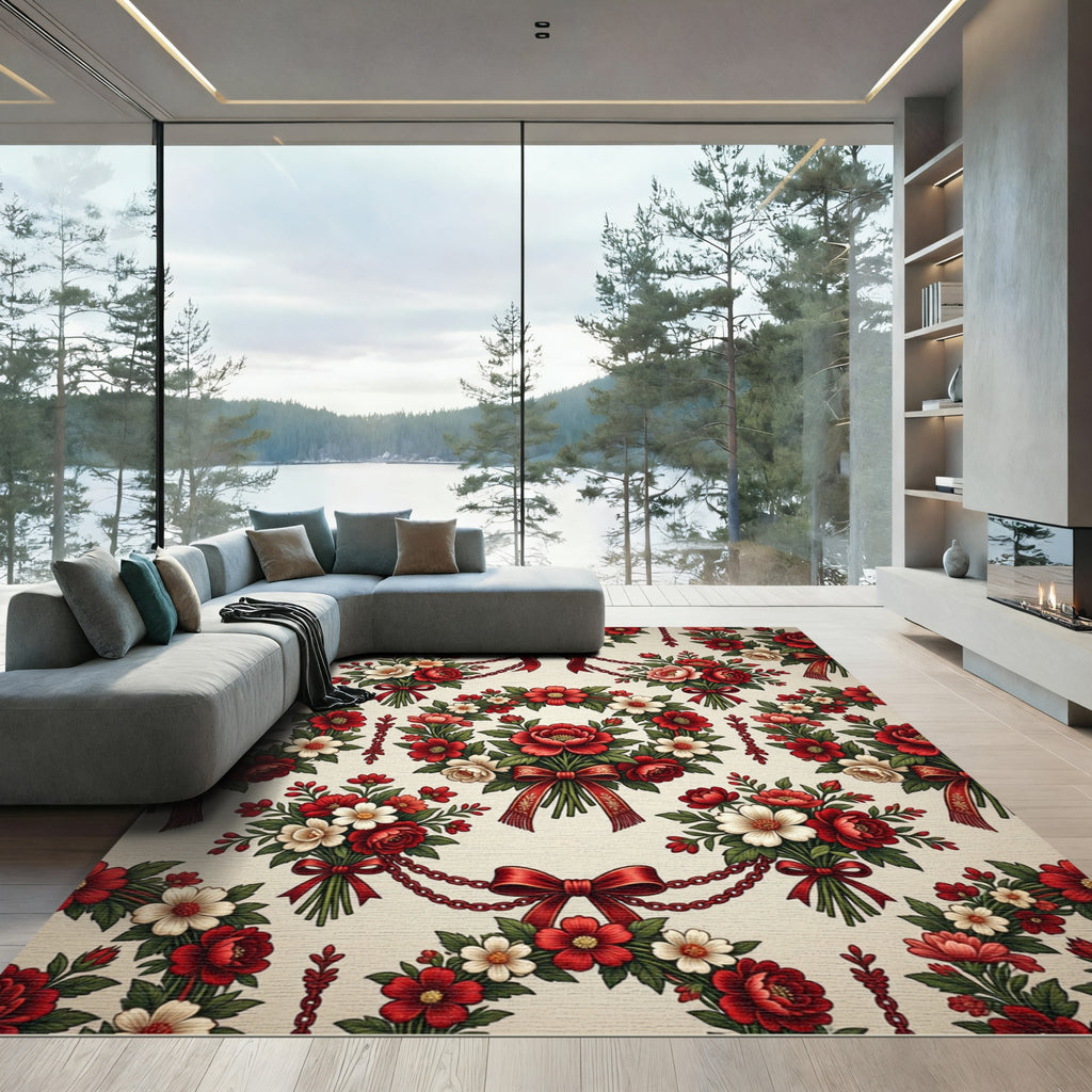 Crimson Red Floral Ribbon Wreath Rug
