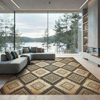 Intricate Gold and Charcoal Geometric Damask Rug
