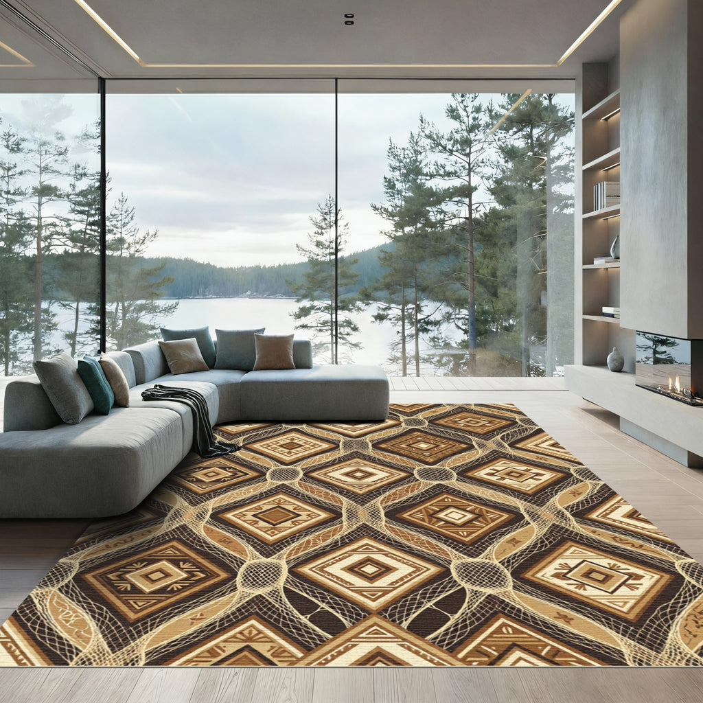 Earthy Brown Geometric Diamond Lattice Rug