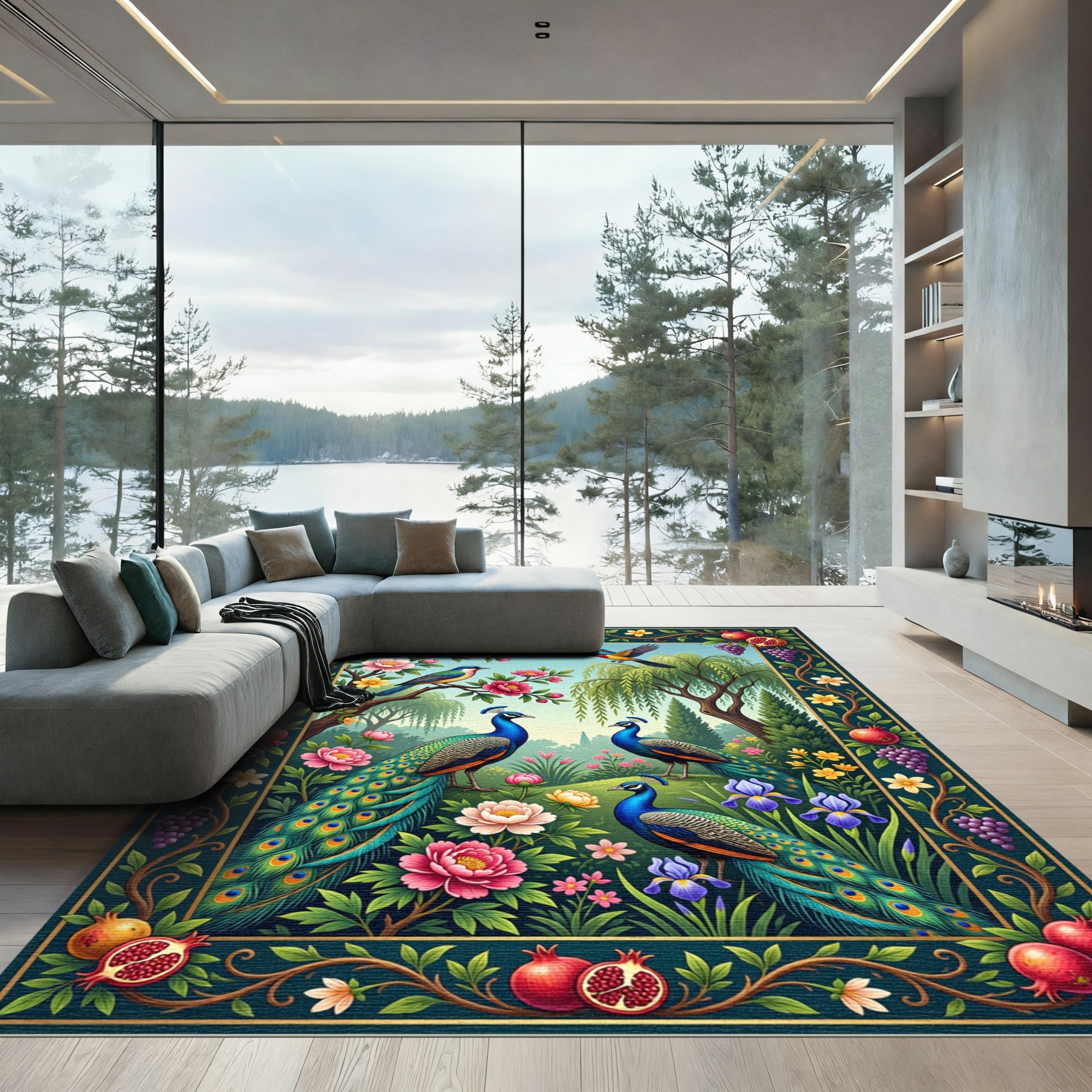Vibrant Peacock Garden Floral Art Rug