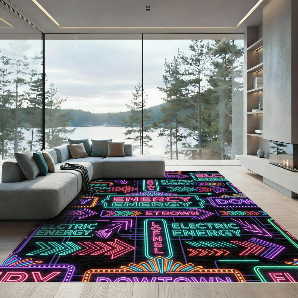 Neon Electric Energy Arrow Grid Rug