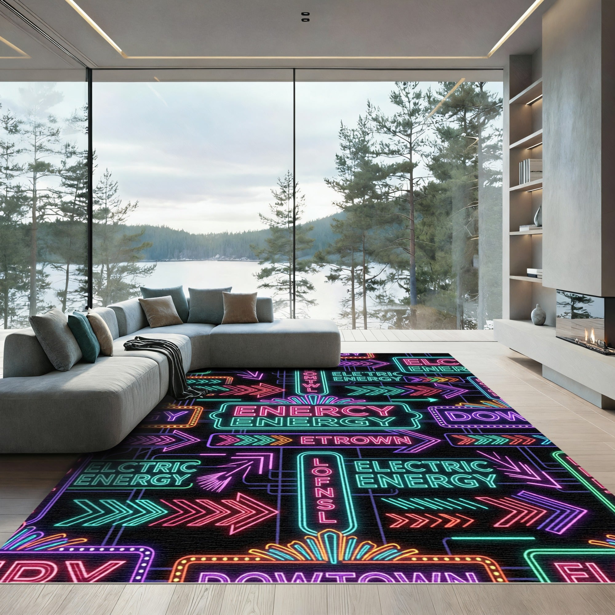 Neon Electric Energy Arrow Grid Rug