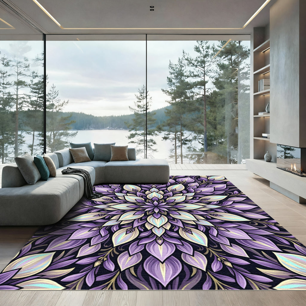 Ornate Violet Floral Mandala Radial Rug