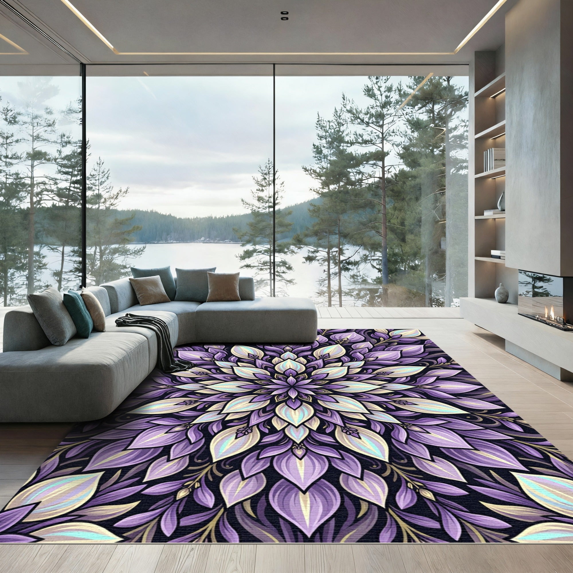 Ornate Violet Floral Mandala Radial Rug