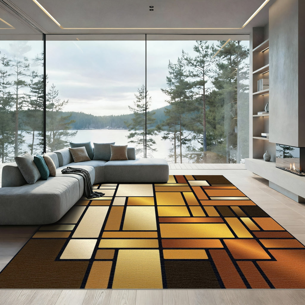Metallic Gold Geometric Abstract Blocked Texture Rug