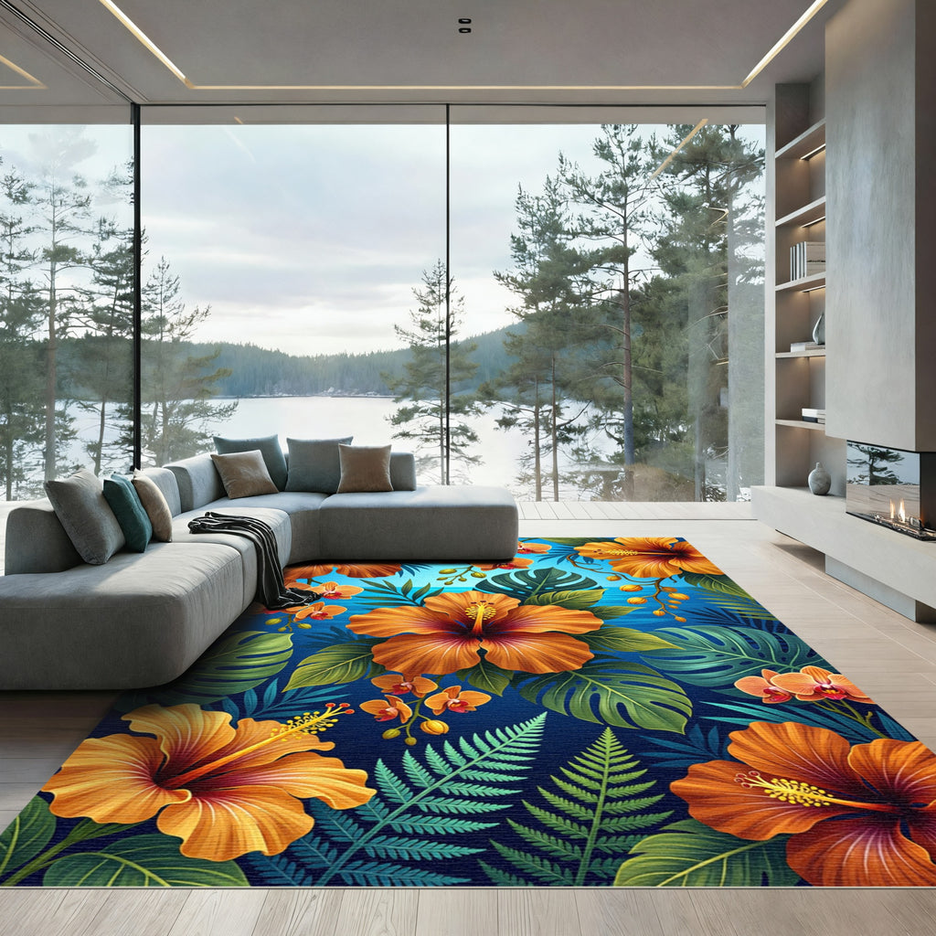 Tropical Orange Hibiscus and Orchid Bloom Rug